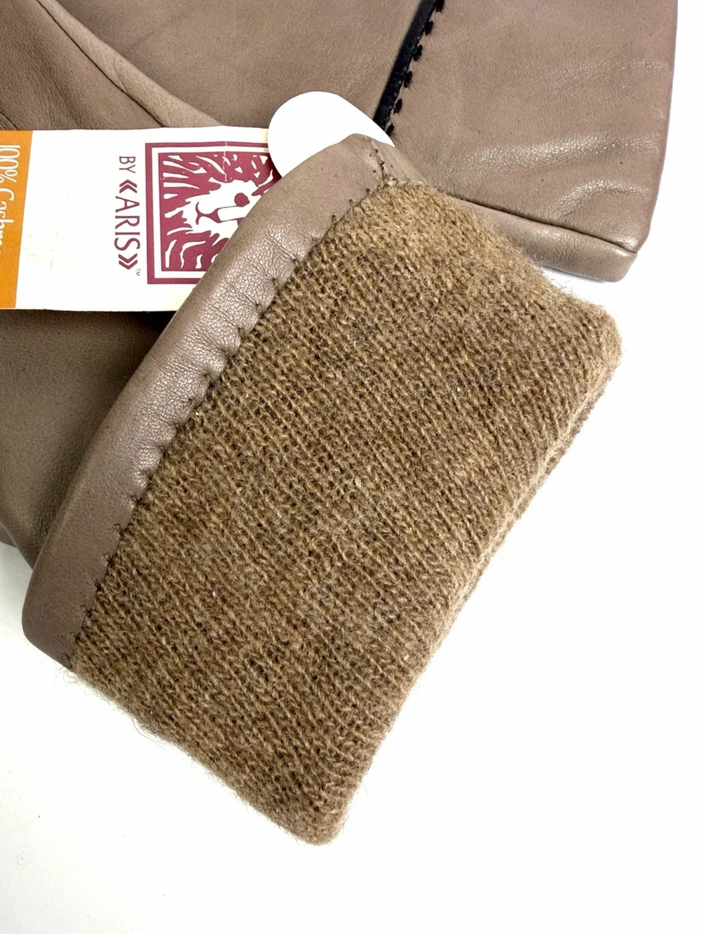 Vintage Anne Klein by Aris Taupe Leather Gloves 100% Cashmere Lined Size 8 NWT